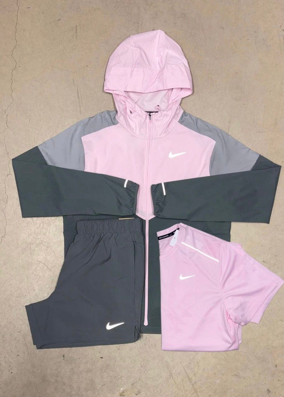 Nike 3 Piece Short Set - Windbreaker / T-shirt / Short  - Grey / Light Pink