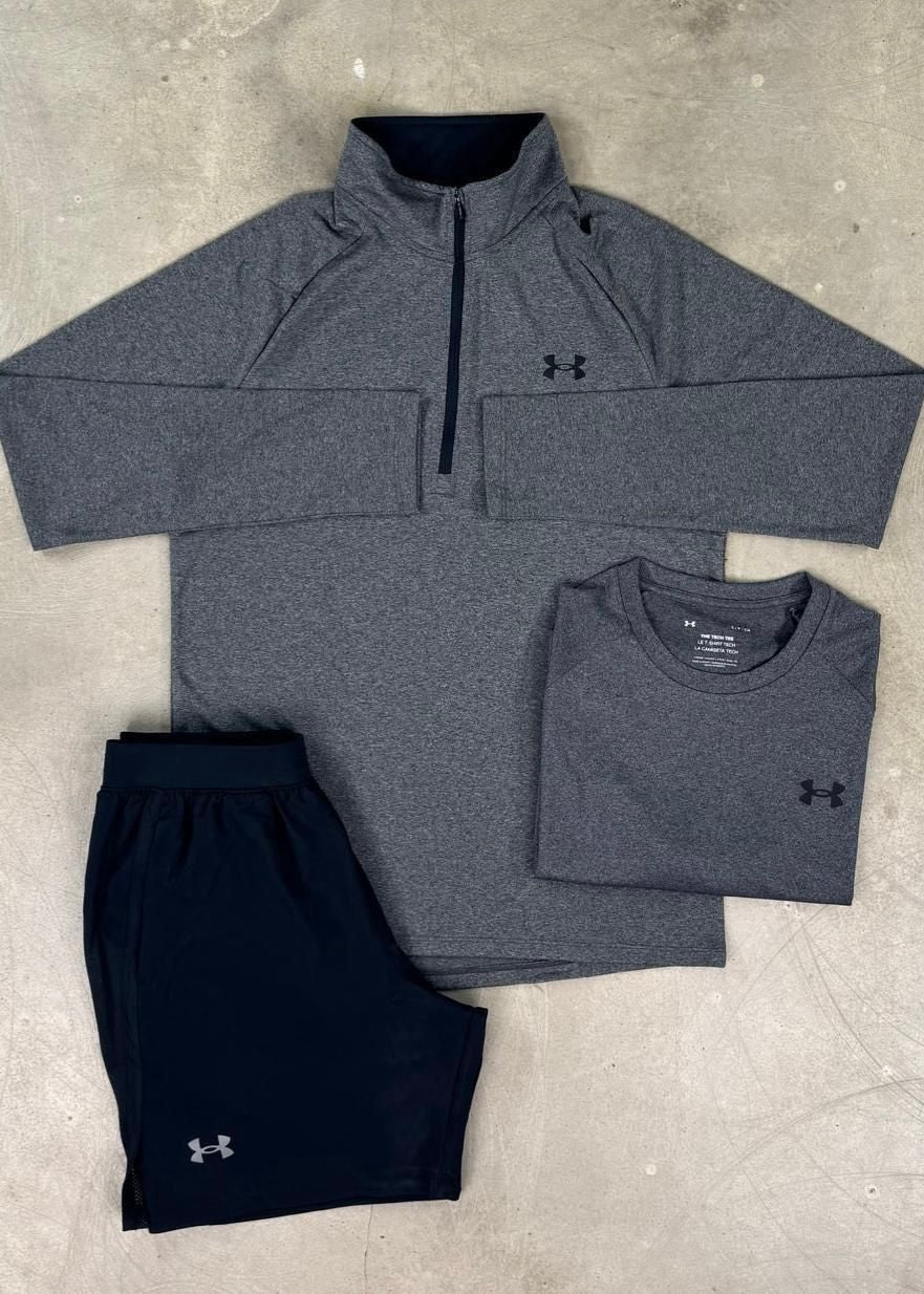 Under Armour 3 Piece Set - Quarter zip / T-shirt / Shorts - Grey/Black